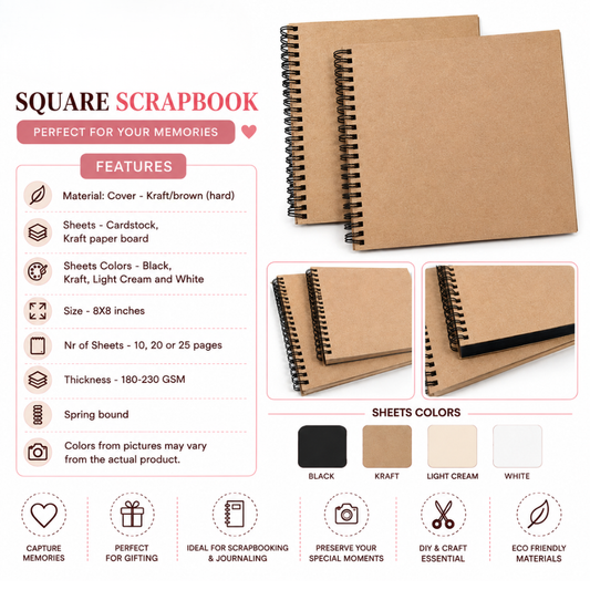 8x8 Inches Blank Spring Scrapbook Journal Book Square Blank Scrapbook Kraft Cover