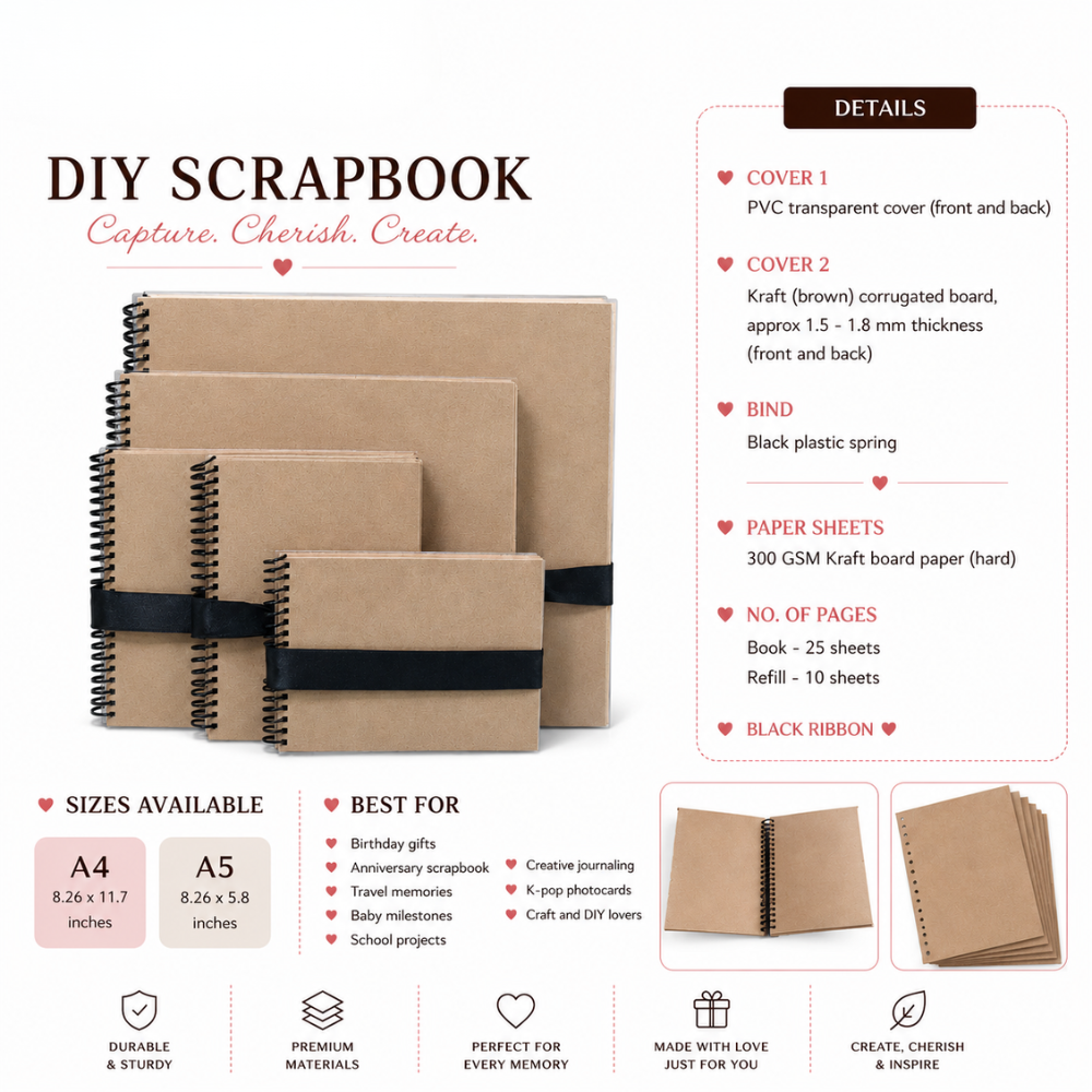 Blank Scrapbook Kraft | 300 GSM Spring Bound with PVC Cover 25 Sheets