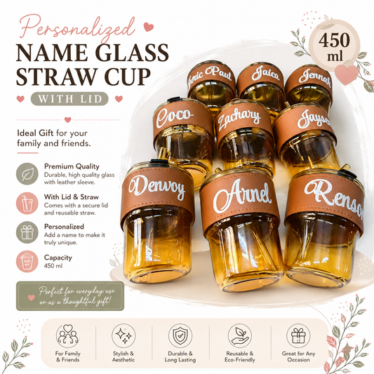 Personalized Name Glass Straw Cup with Lid