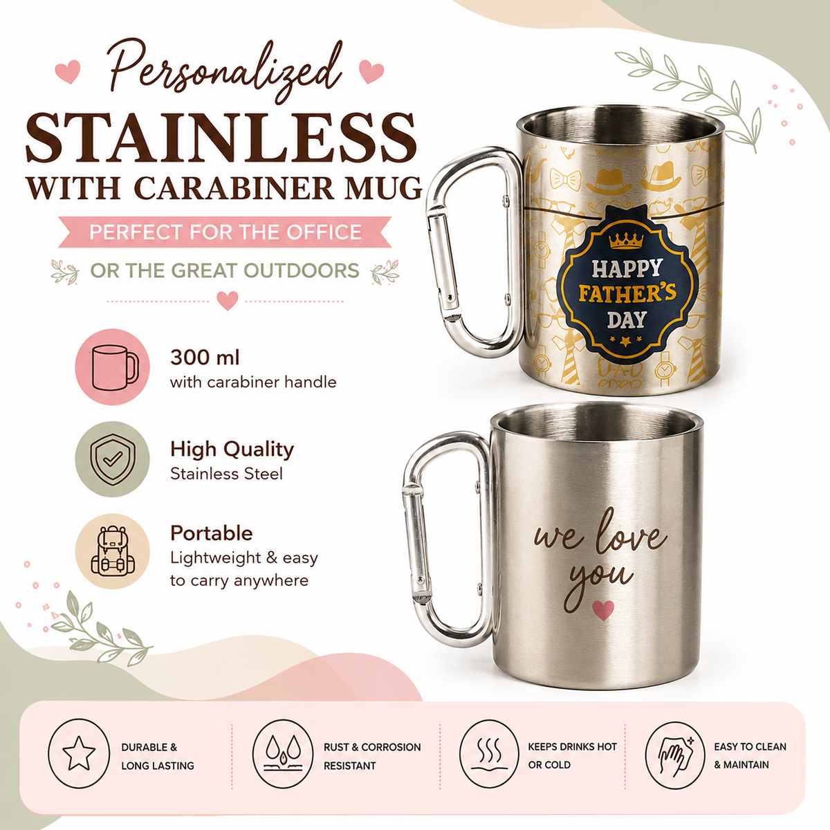 Personalized Stainless Mug with Carabiner Handle